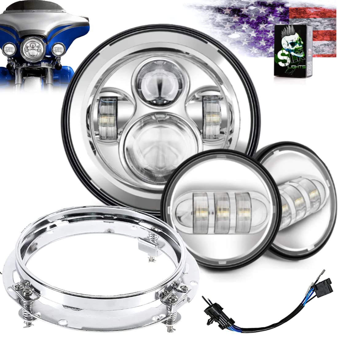 SLK-Customs 7 inch LED Headlight Fog Passing Lights DOT Kit Ring Motorcycle for Harley Davidson Touring Road King Ultra Classic